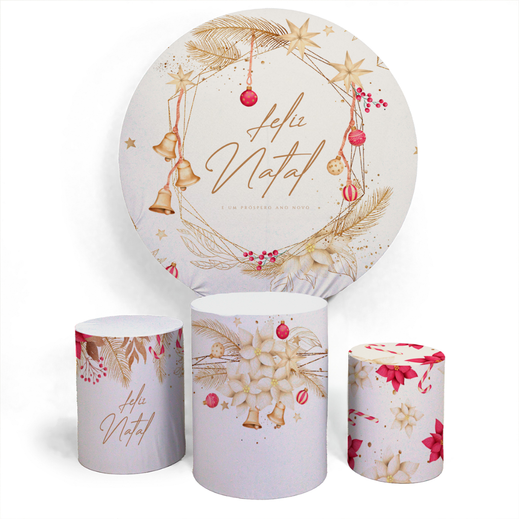 Kit Painel Feliz Natal Decoração Redondo Capa Veste Fácil E Capa Trio Cilíndro Personalizado Festa De Aniversário