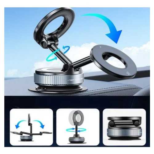 suporte veicular magnético para celular, projetado para ser fixado no painel ou vidro do carro.