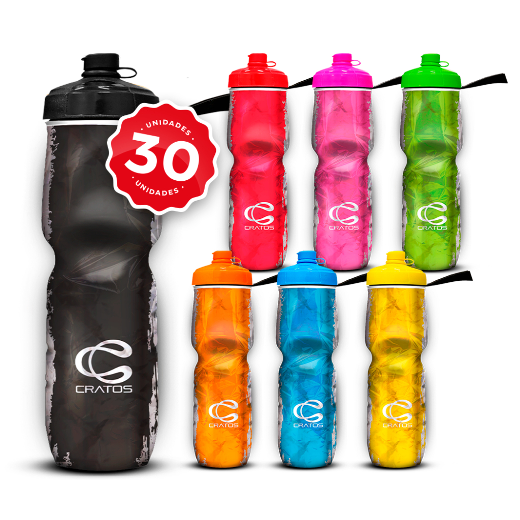 Kit 30 Garrafa Squeeze Caramanhola Térmica Cratos 710ml Válvula Removível e Automática Bike Esportes