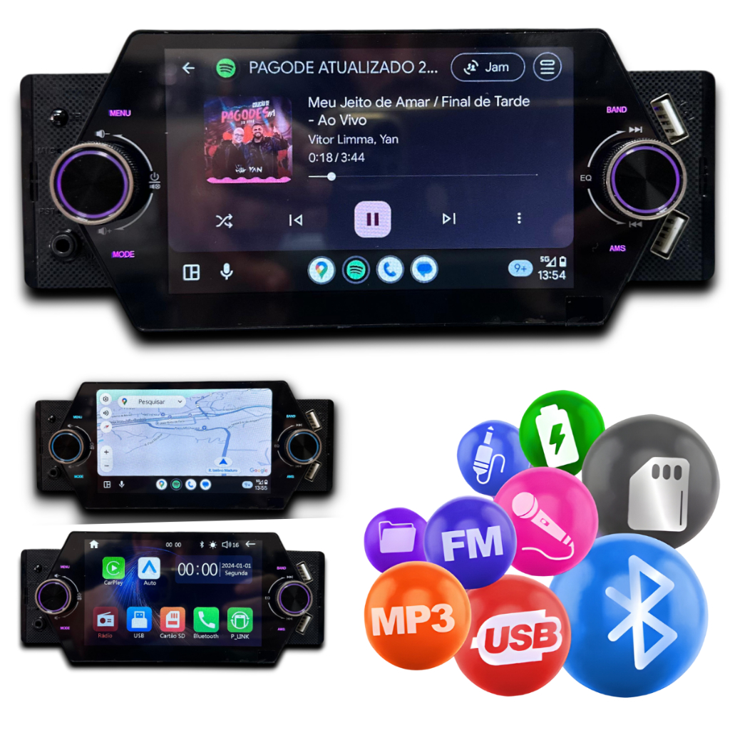 Central Multimídia 1 DIN Com CARPLAY ANDROID AUTO Sem Cabo