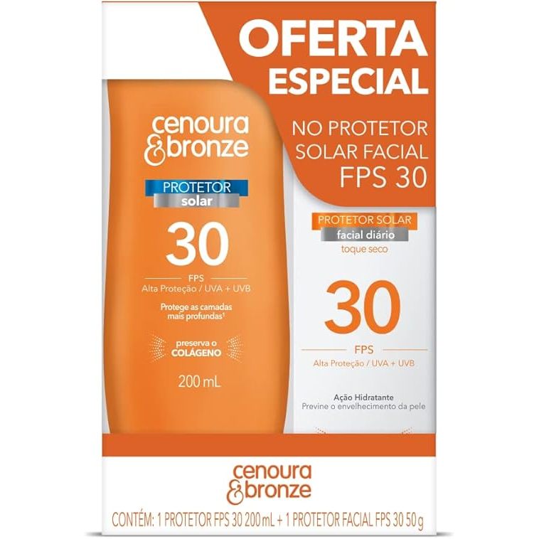 Kit Cenoura E Bronze Protetor Solar Facial FPS30 50g + Corporal FPS30 200ml