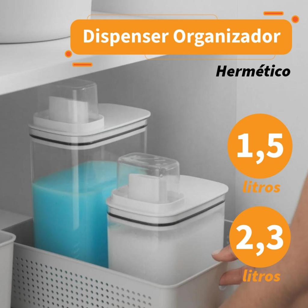 Kit Dispenser Hermético Tampa Dosadora Organizador Lavanderia 2,3 e 1,5 Litros Acrílico Sabão em Pó Amaciante Flow