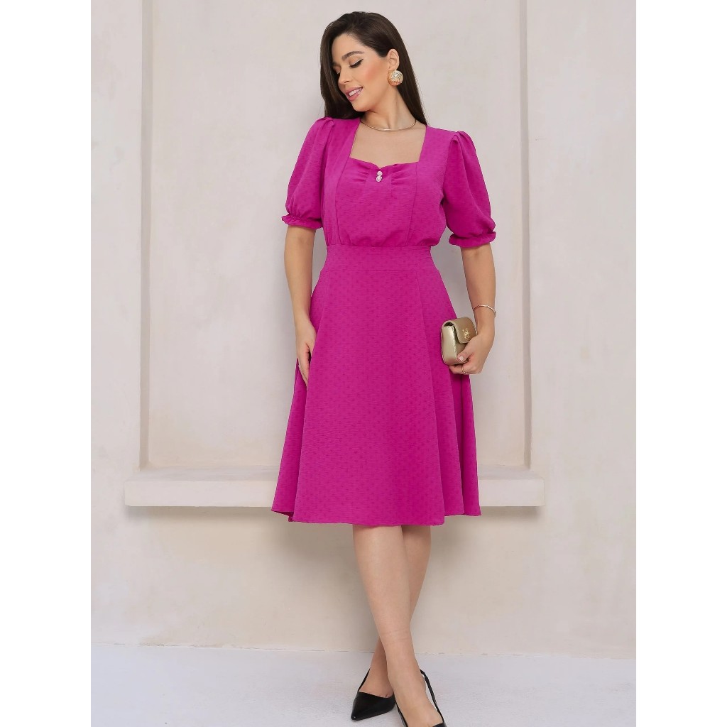 Vestido Feminino Manga Bufante Decote Coração Elegante Festa Evento Moda Feminina Vestido Feminino