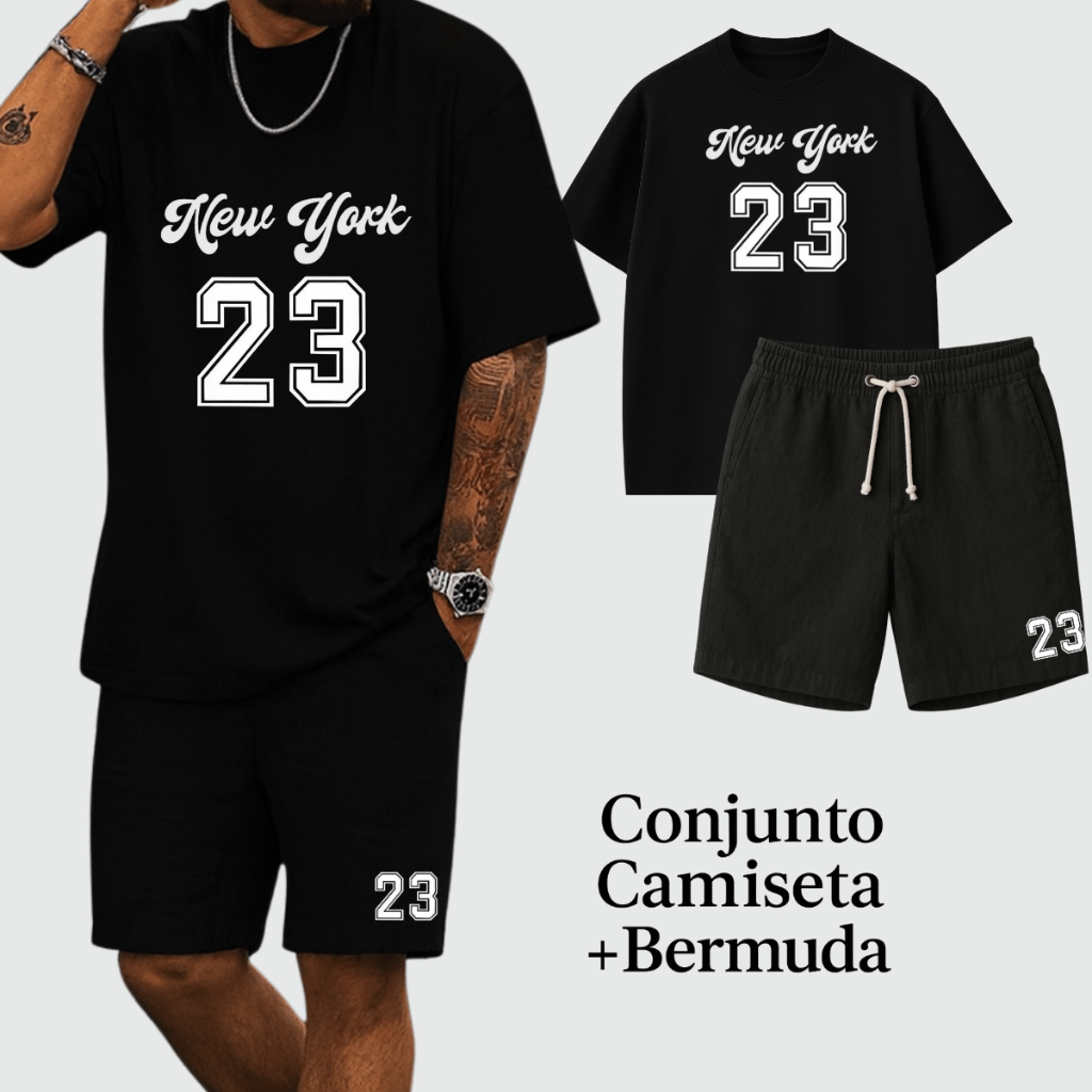 Conjunto Masculino Kit Camiseta Estampada New York 23 Básica Lisa E Bermuda Linho Casual Tendência Conjunto Masculino