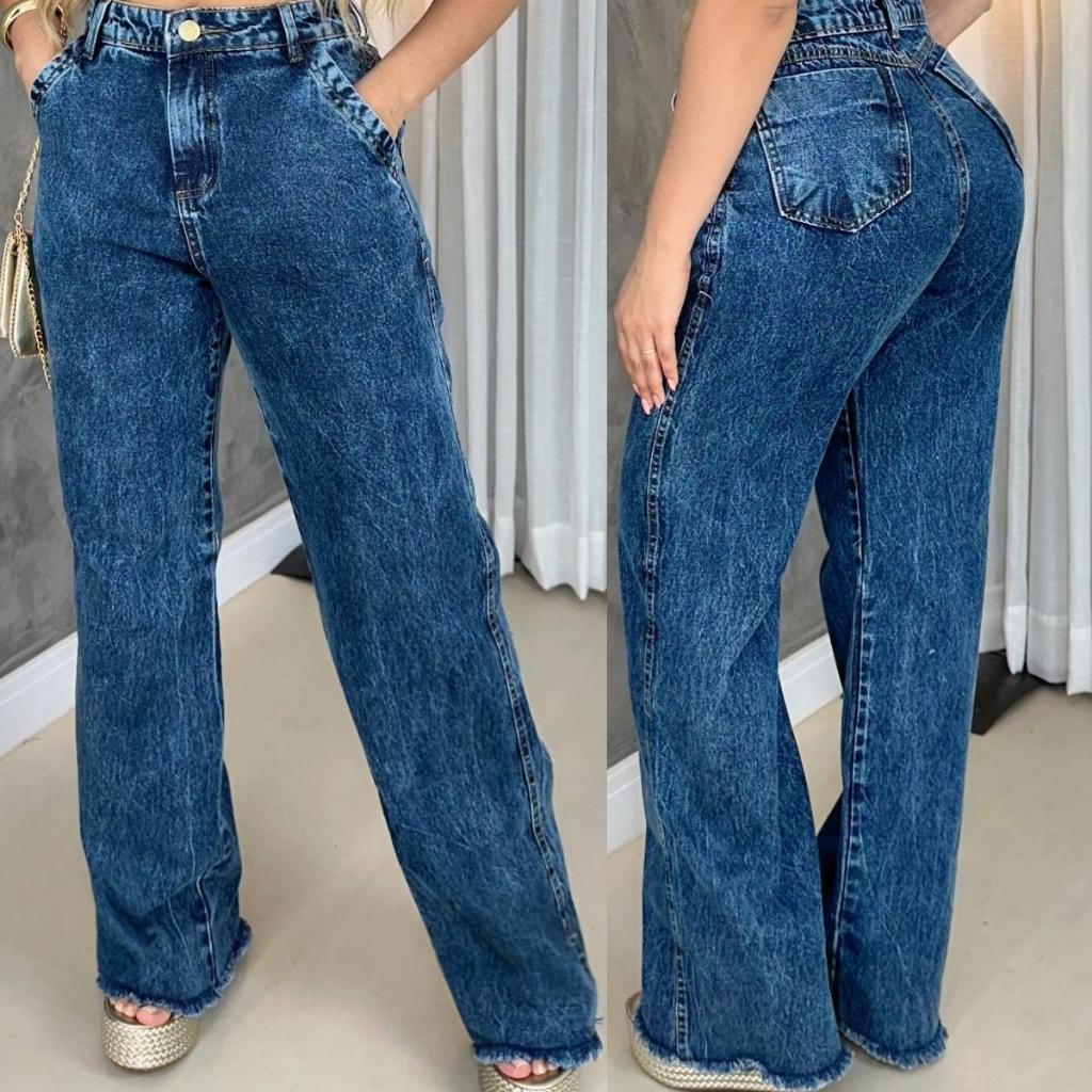 Calça Jeans Feminina Wide Leg Marmorizada Cintura Alta Sem Lycra levanta bumbum