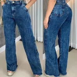 Calça Jeans Feminina Wide Leg Marmorizada Cintura Alta Sem Lycra levanta bumbum