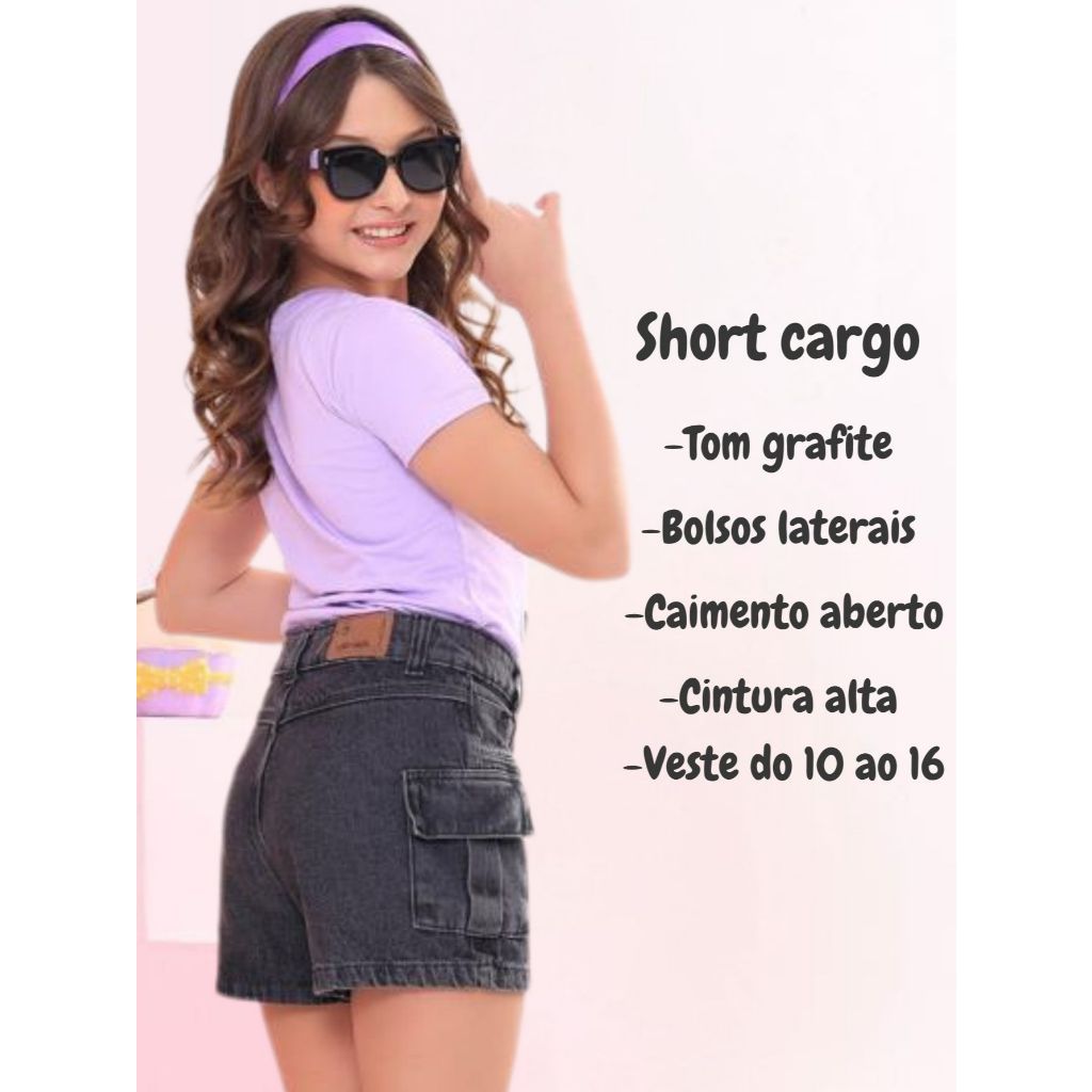 Short Jeans Cargo Bolso Menina Casual Elastano 10 ao 16 — imagem 2 de 2