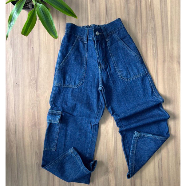 Calça Jeans Feminina Cargo 1 Bolso Lateral Azul Reta Menina Adolescente Infantil Juvenil em Oferta na Shopee