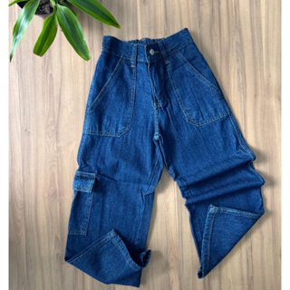 Calça Jeans Feminina Cargo 1 Bolso Lateral Azul Reta Menina Adolescente Infantil Juvenil em Oferta na Shopee