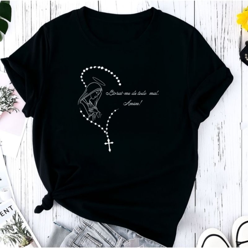 Camiseta T-shirt Camisa Feminina Terço Virgem Maria Católica Moda Religiosa Cristã 100% Algodão em Oferta na Shopee