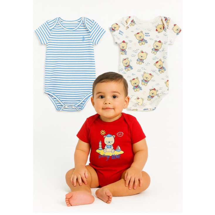 Kit com 3 Bodies manga curta Bebê menino Kiko e Kika tamanho M 13516