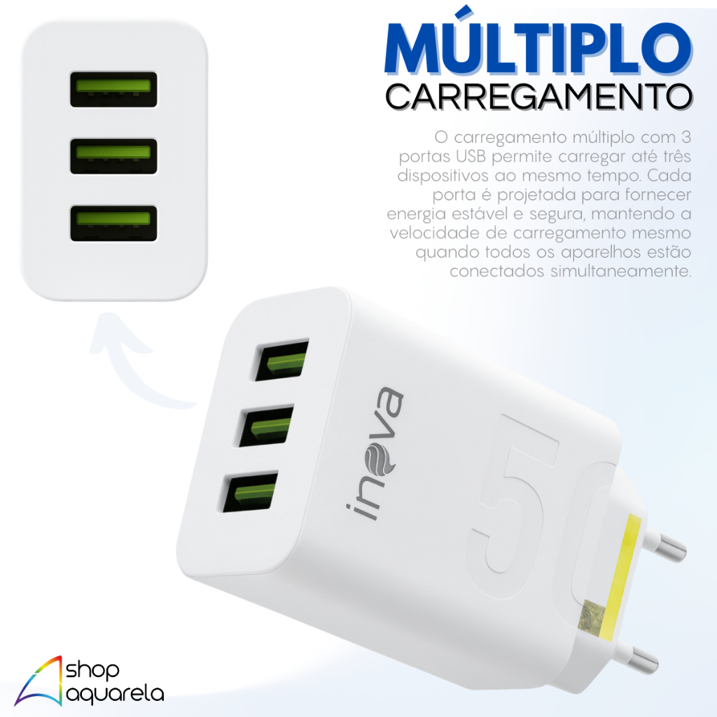 Carregador Celular Fonte USB 3 Entradas Com Cabo Carregador 2 Metros iPhone Android V8 Tipo C - detalhe
