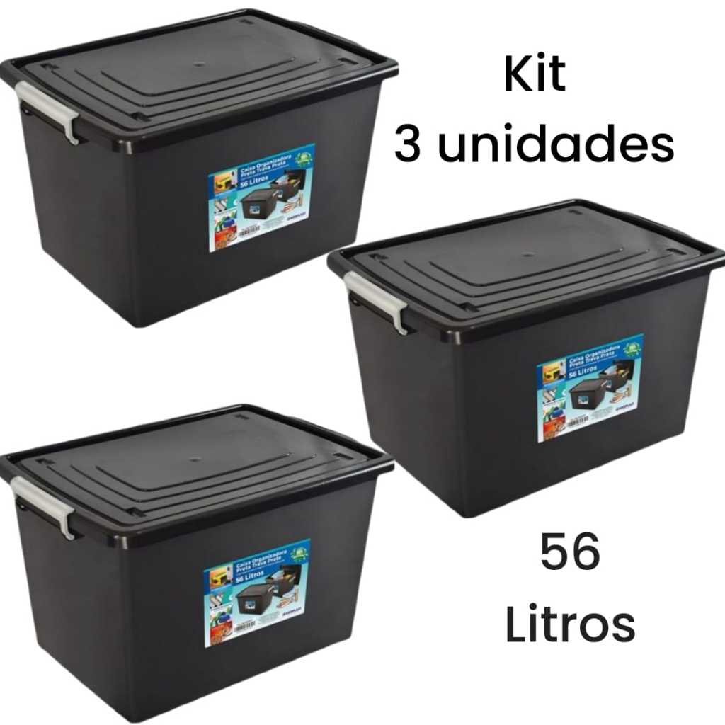 Kit 3 Caixas Organizadoras 56 Litros Com Tampa e Trava