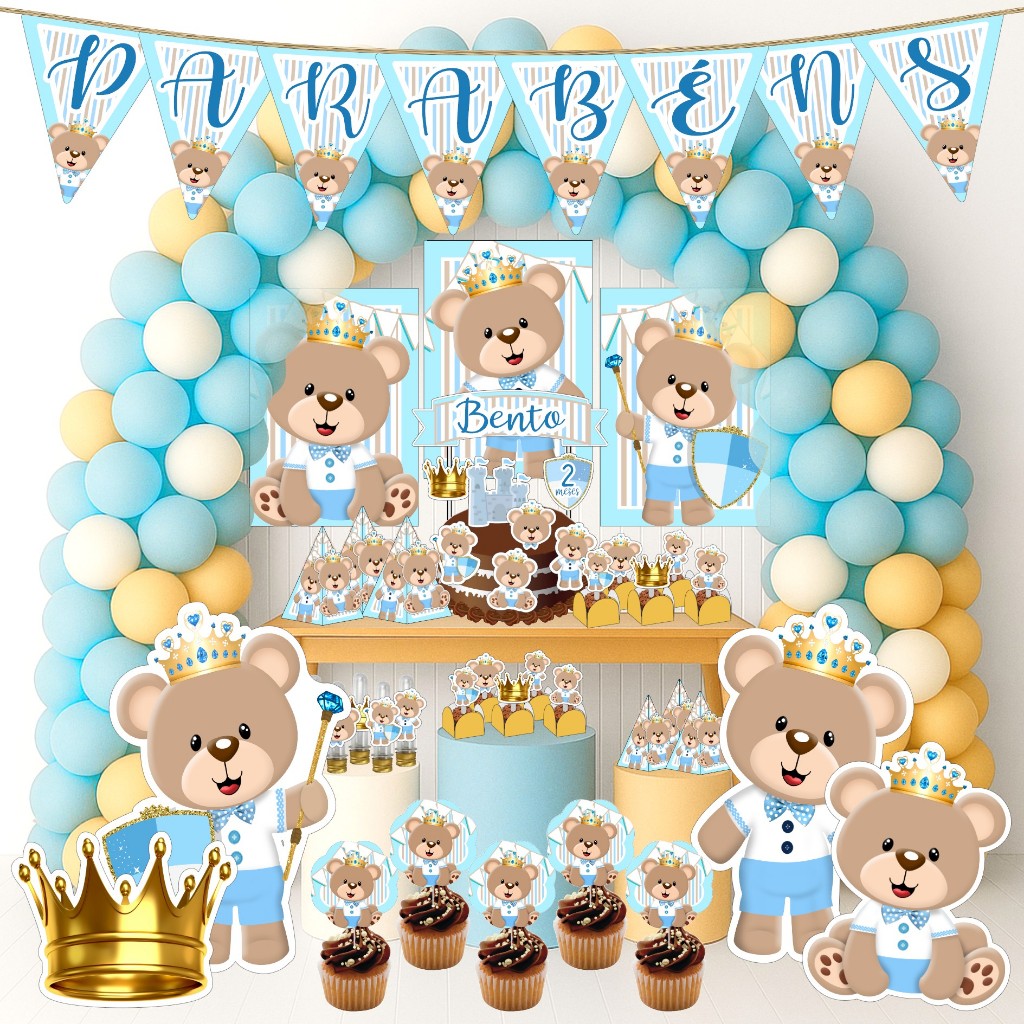 Kit Festa Aniversário Personalizado Ursinho Príncipe Realeza 78 itens - Decoração Mesversario
