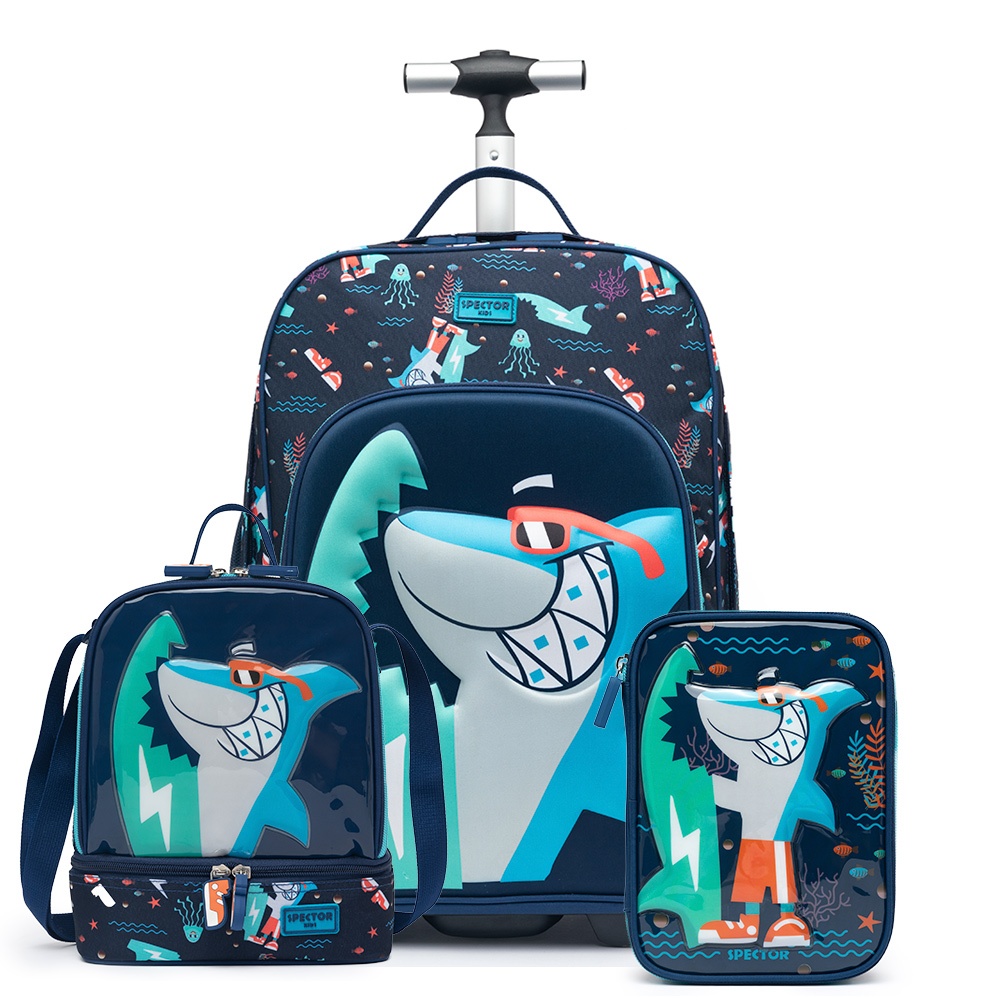KIt Mochila Lancheira EstojoTubarão Menino Bolsa Escolar Rodinhas Spector