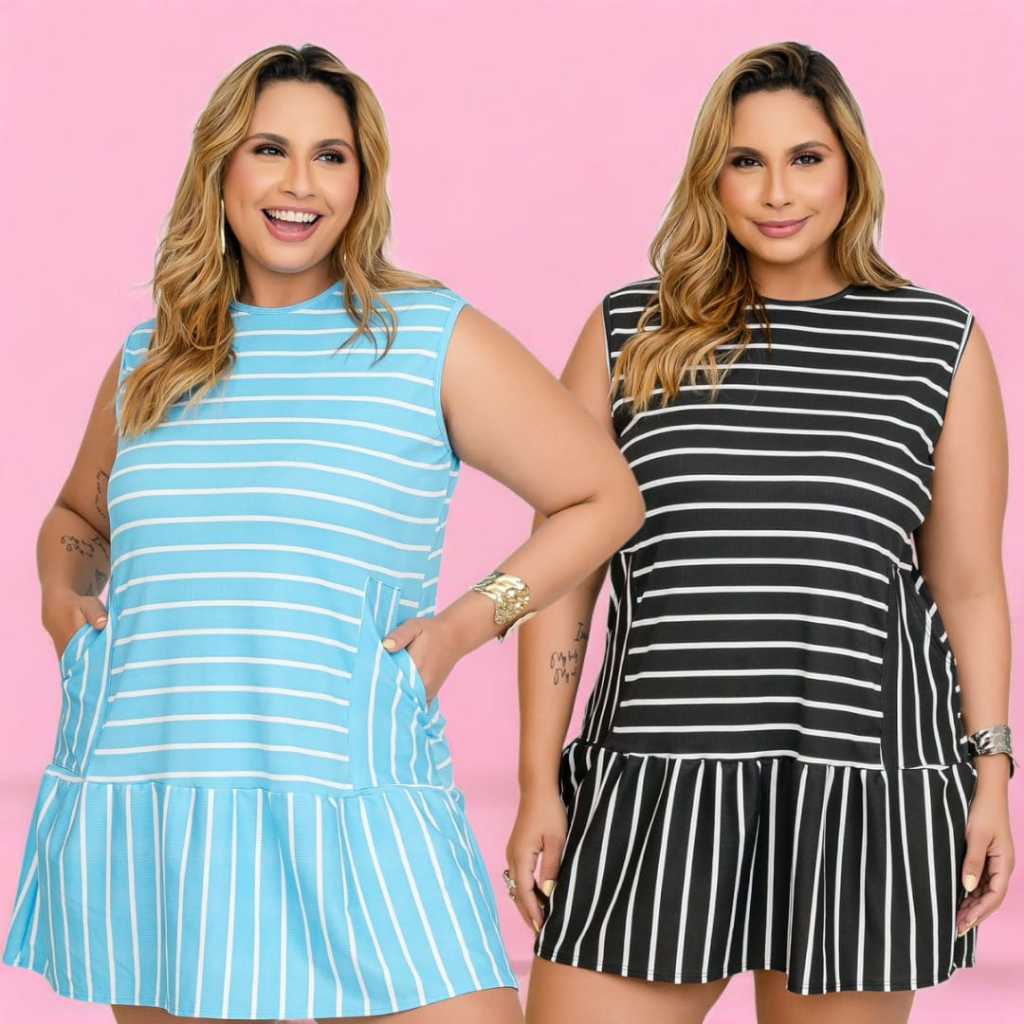 Vestido Plus Size Listrado Feminino Soltinho Com Bolso em Malha Fresquinha Tam Único 46ao52