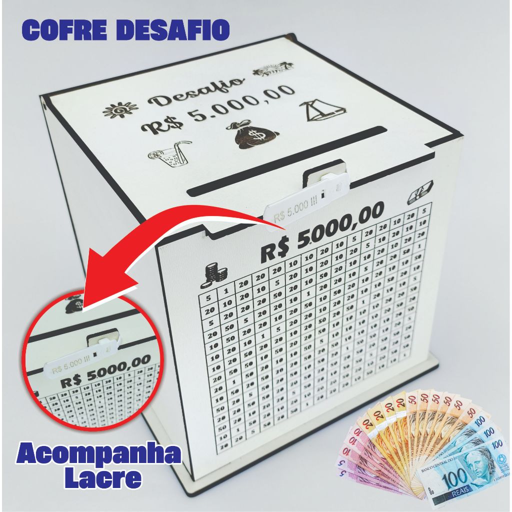 Cofre Desafio 1Mil  5 Mil  10 Mil  20 Mil Cofre de Dinheiro MDF 15x15cm com Gravação a Laser e Lacre em Oferta na Shopee