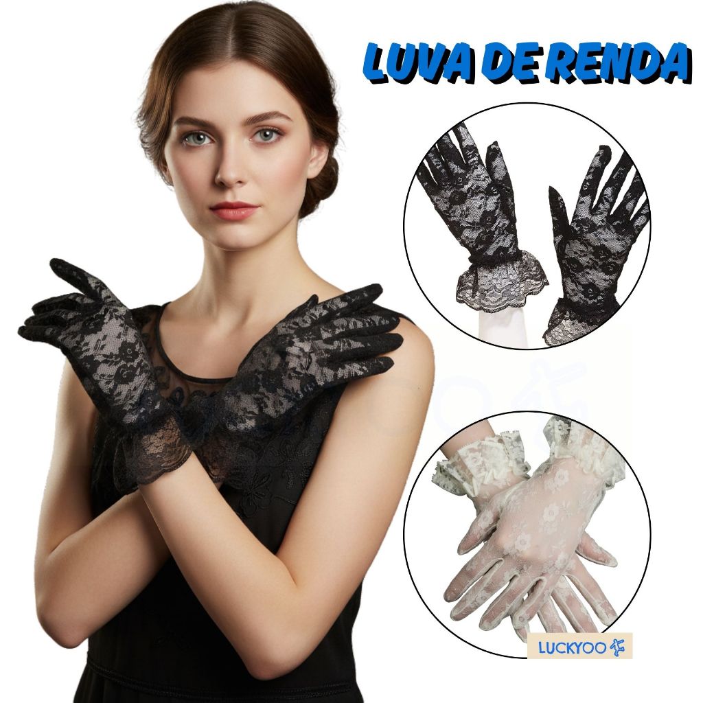 Luvas de Renda Floral Feminina Curta Preto Branco Vermelho Fantasia Acessório Halloween Cosplay Festa Casamento Noiva