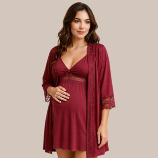 KIT Camisola Amamentação Maternidade e Pós Parto + Robe em Microfibra com Renda. em Oferta na Shopee