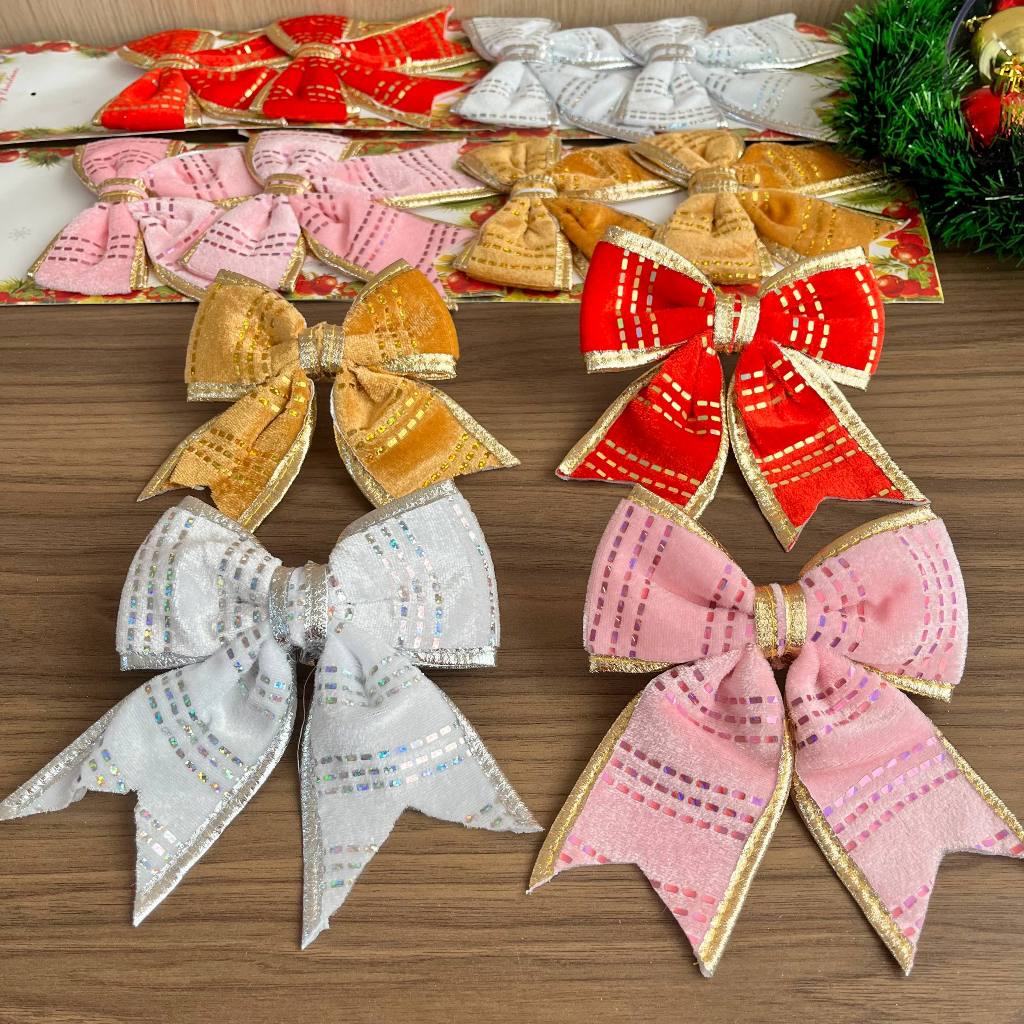 Laço Fio Metalizado 12x14 cm, pct 3un mesma cor, para Árvore de Natal - Decoração e Enfeite de Festa