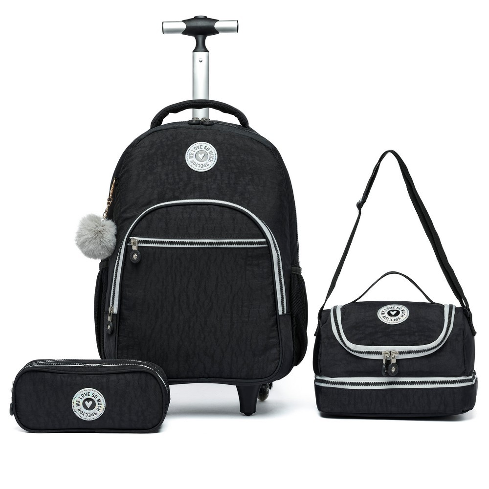 Kit Mochila Preta Lancheira Estojo Escolar Feminina Juvenil Rodinhas Passeio Spector