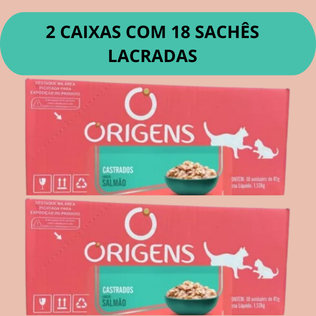 36 Sachês - Origens Premium Especial Gatos Adultos Castrados Sabor Salmão - 18 Unidades