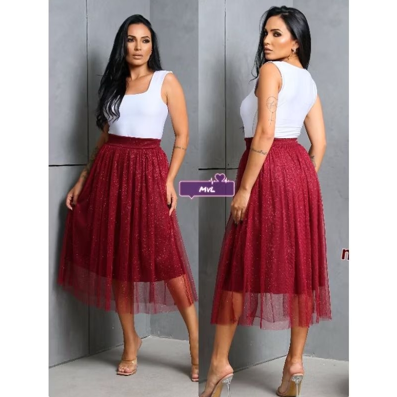 saia midi brilhosa moda evangelica