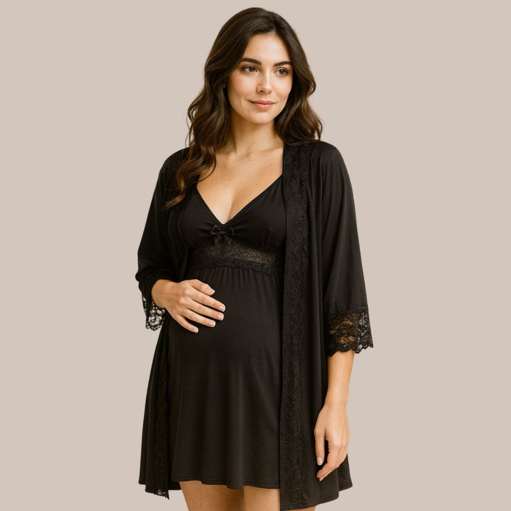 KIT Camisola Amamentação Maternidade e Pós Parto + Robe em Microfibra com Renda.