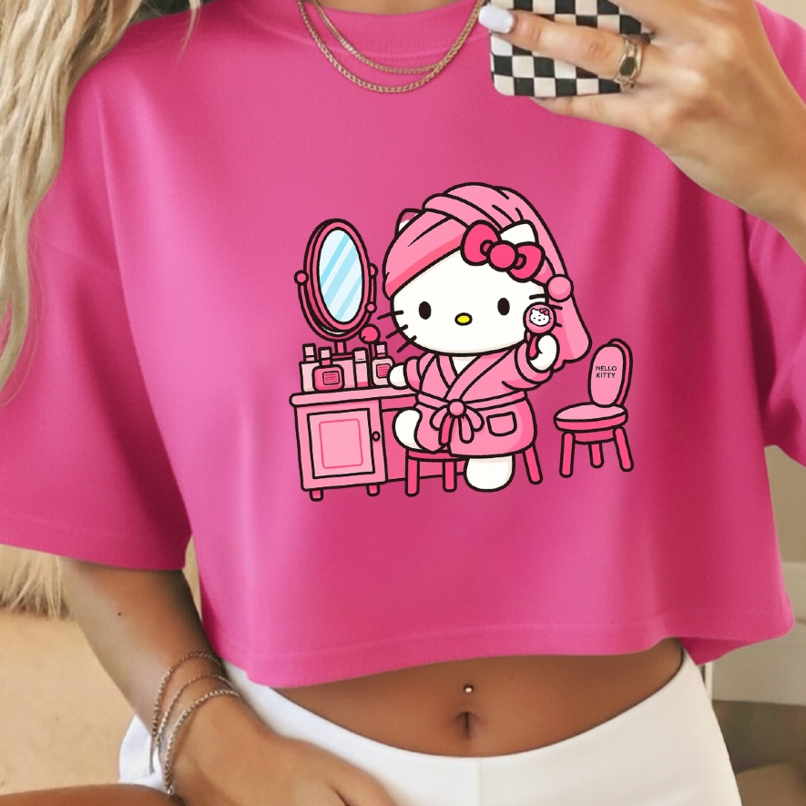 Cropped Oversized Gatinha hello Feminino Estampa Rosa Fofo Confortável 100% Algodão