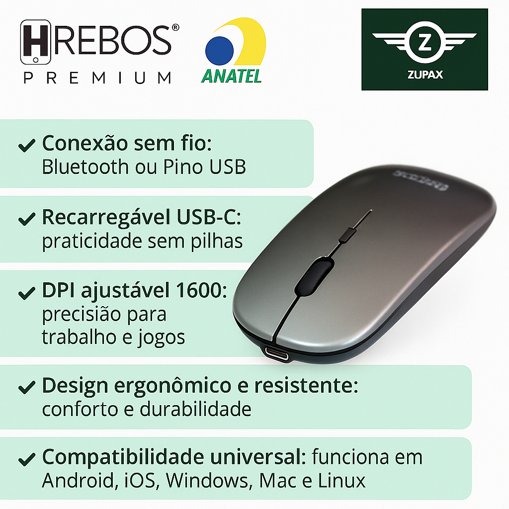 Mouse Sem Fio Recarregável | Bluetooth ou Pino USB Wi-fi | 1600 DPI Gamer | Compacto Leve Universal em Oferta na Shopee