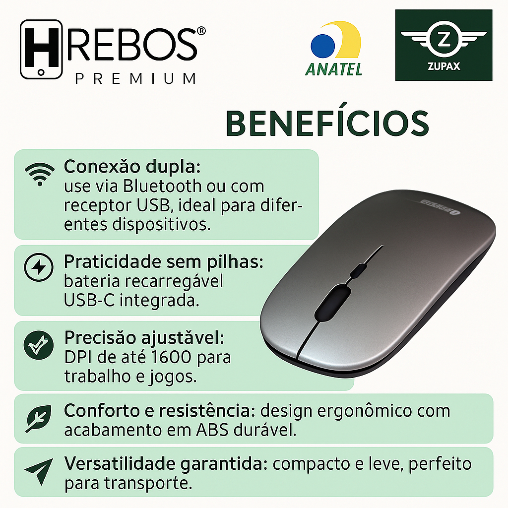 Mouse Sem Fio Recarregável | Bluetooth ou Pino USB Wi-fi | 1600 DPI Gamer | Compacto Leve Universal