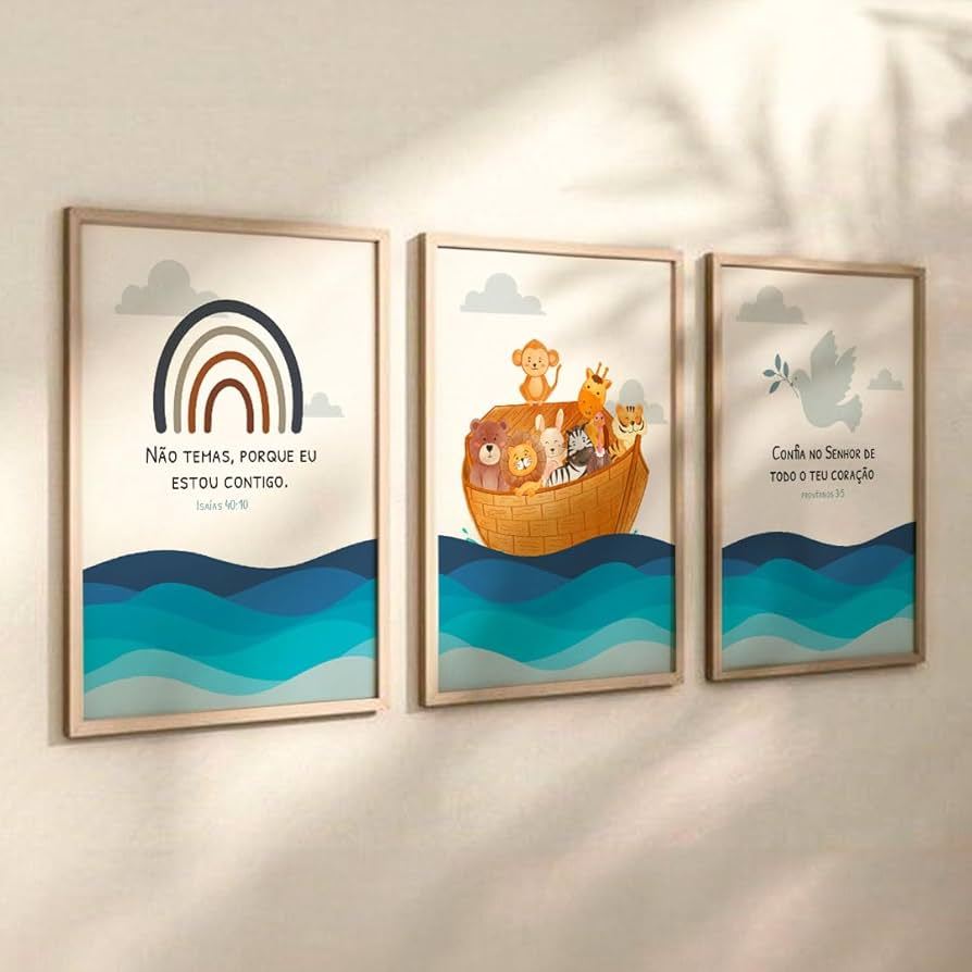 Kit 3 peças Quadros decoração 20x30 MDF Arca de Noé Infantil Versículos Bíblicos Decoração Casa Hall em Oferta na Shopee