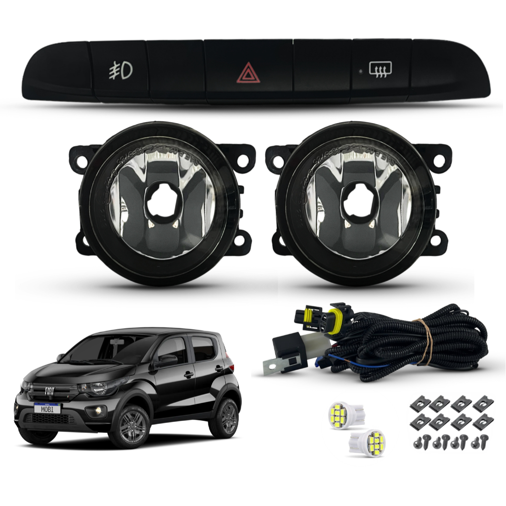 Kit Farol De Milha Aux Nebina Fiat Mobi Like 2020 2021 2022 Lente Vidro Botão Original Painel + Brindes