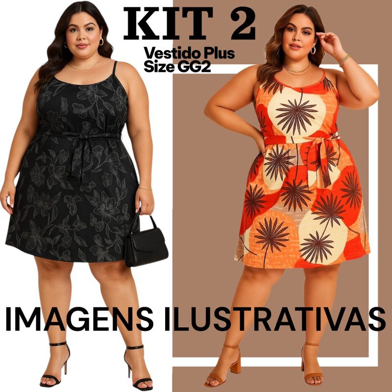 Kit 2 Vestido Feminino Alça fina Plus Size GG2 Soltinho- Vestidinho Estampado Confortável Moda Verão Casual