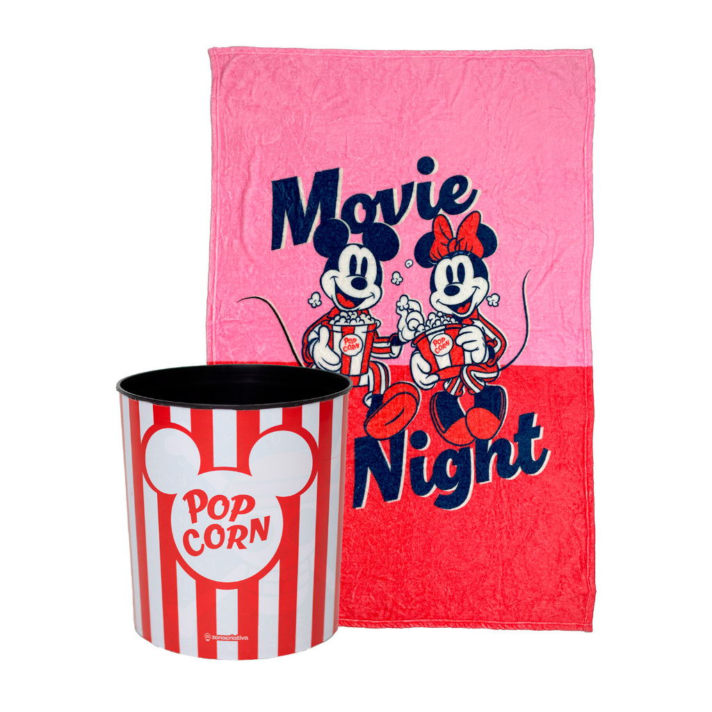 Kit Cinema Mickey & Minnie Com Manta Fofa + Balde de Pipoca Para Filmes