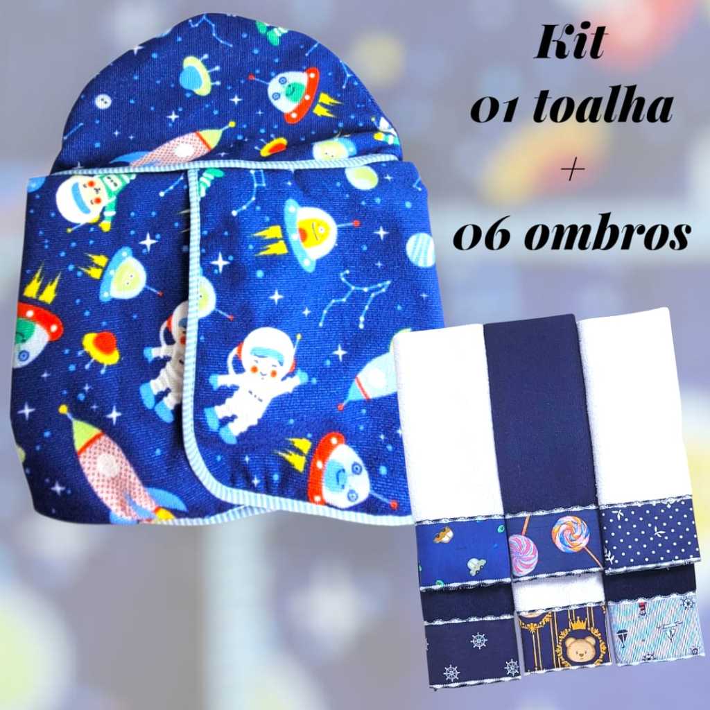 Kit Toalha Banho Bebe Infantil Com 06 Toalhinhas Babete Ombro ou Boca Tecido Algodão e Poliester Capuz e Toalha Forrados