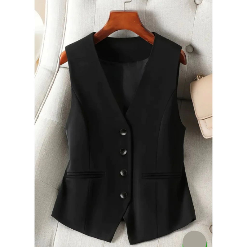 Colete Social Feminino Curto Luxuoso - Forrado Decote V e Bolsos Alfaiataria
