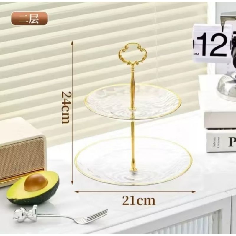 Prato Duplo Para Doces Cup Cake Cristal Acrílico 2 Andares/3 Andares Luxo Dourado Suporte em Metal