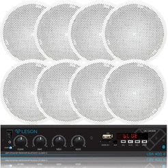 Kit Som Ambiente Amplificador Bluetooth Usb Sd Auxiliar Fm +8 Caixas de Embutir Arandelas Gesso Teto 6 Pol 55W 8 Ohms