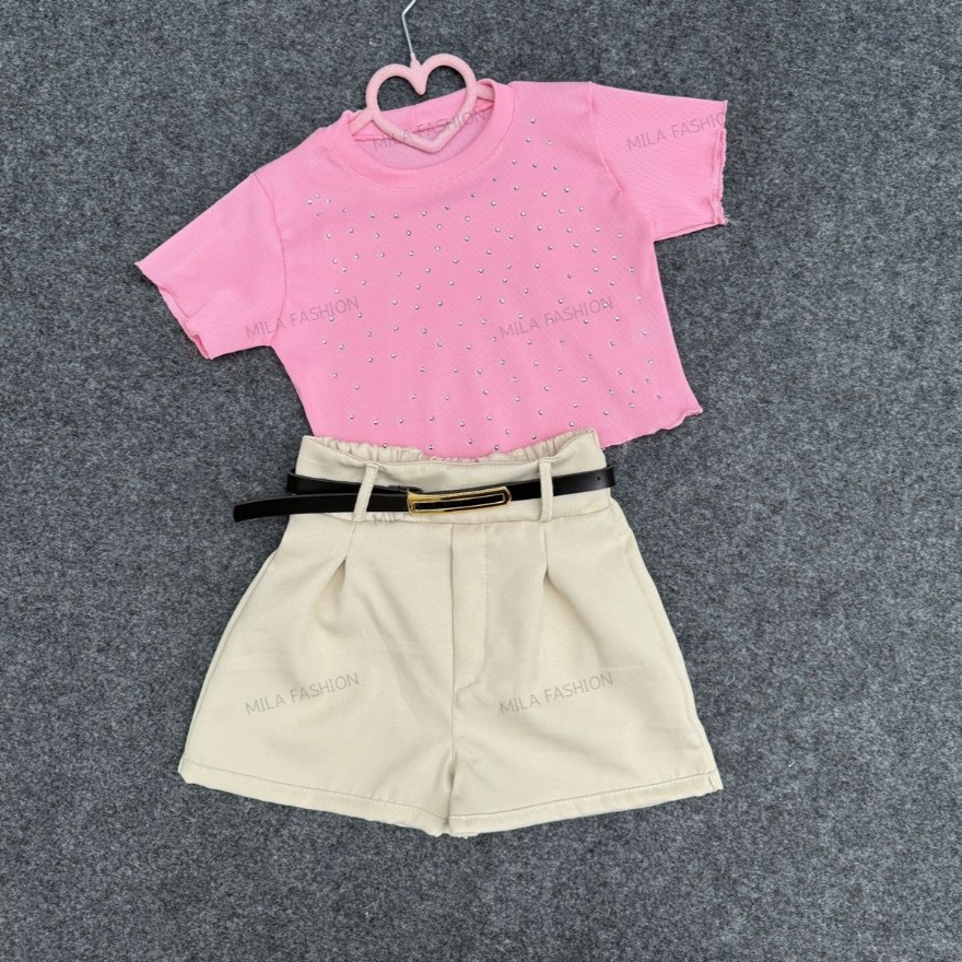 Conjunto Infantil menina 3 peças BLUSA com Brilho Strass + SHORT e CINTO 4-12
