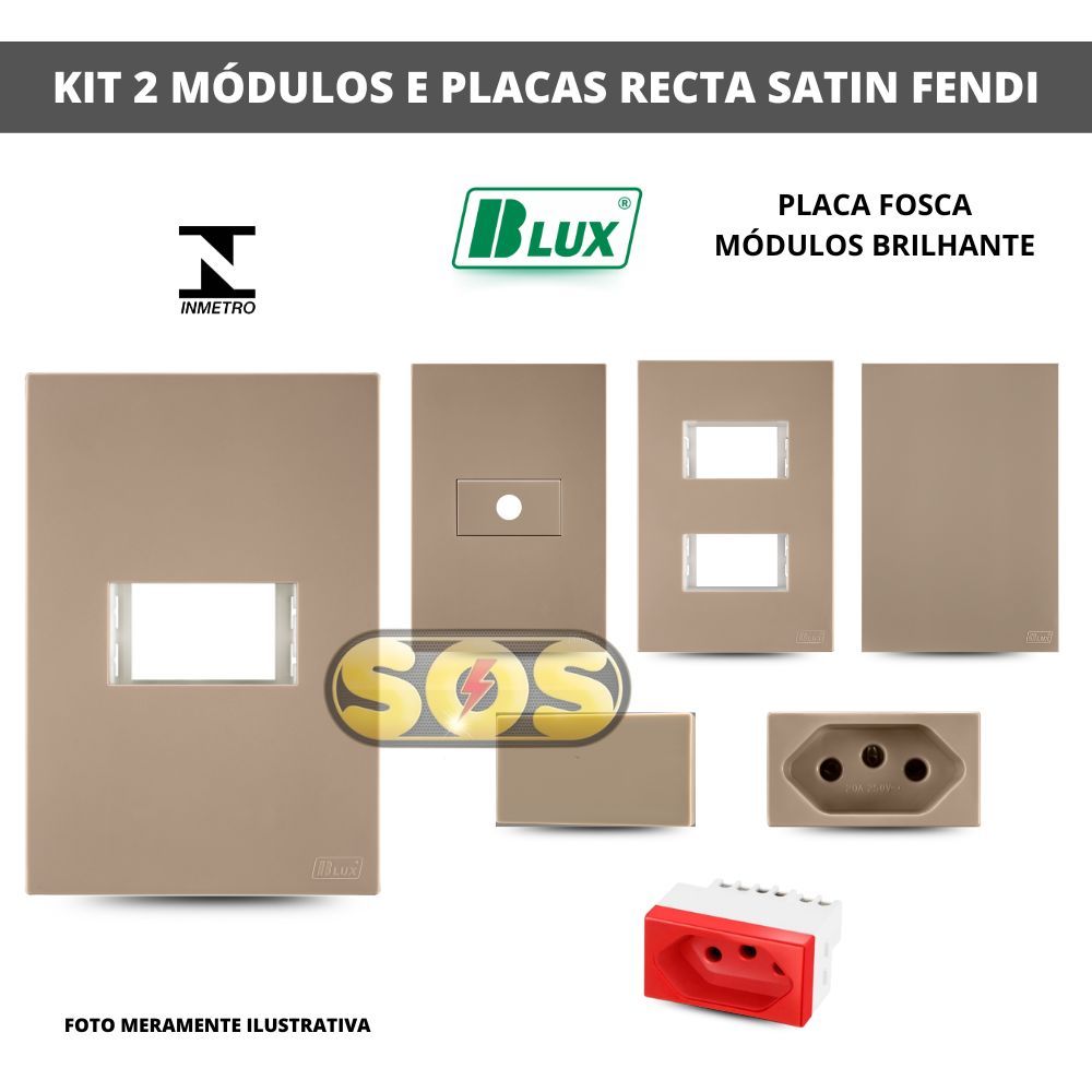 KIT RECTA SATIN FENDI BLUX 2 MÓDULOS INTERRUPTOR SIMPLES, PARALELO, TOMADA 10A, 20A. PLACAS 4X2