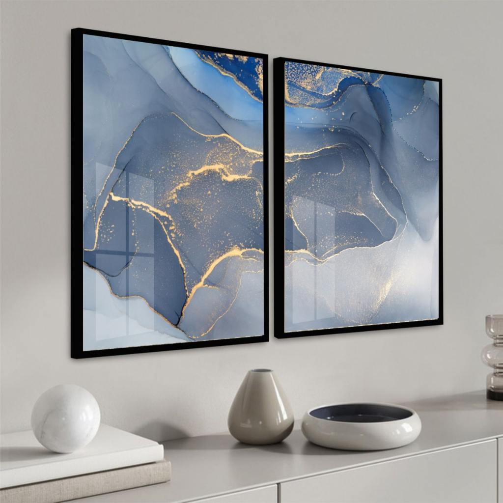 Quadro Moldura e Vidro Abstrato Azul Dourado Kit Duas Peças Grandes Decoração Sala Quarto Escritório