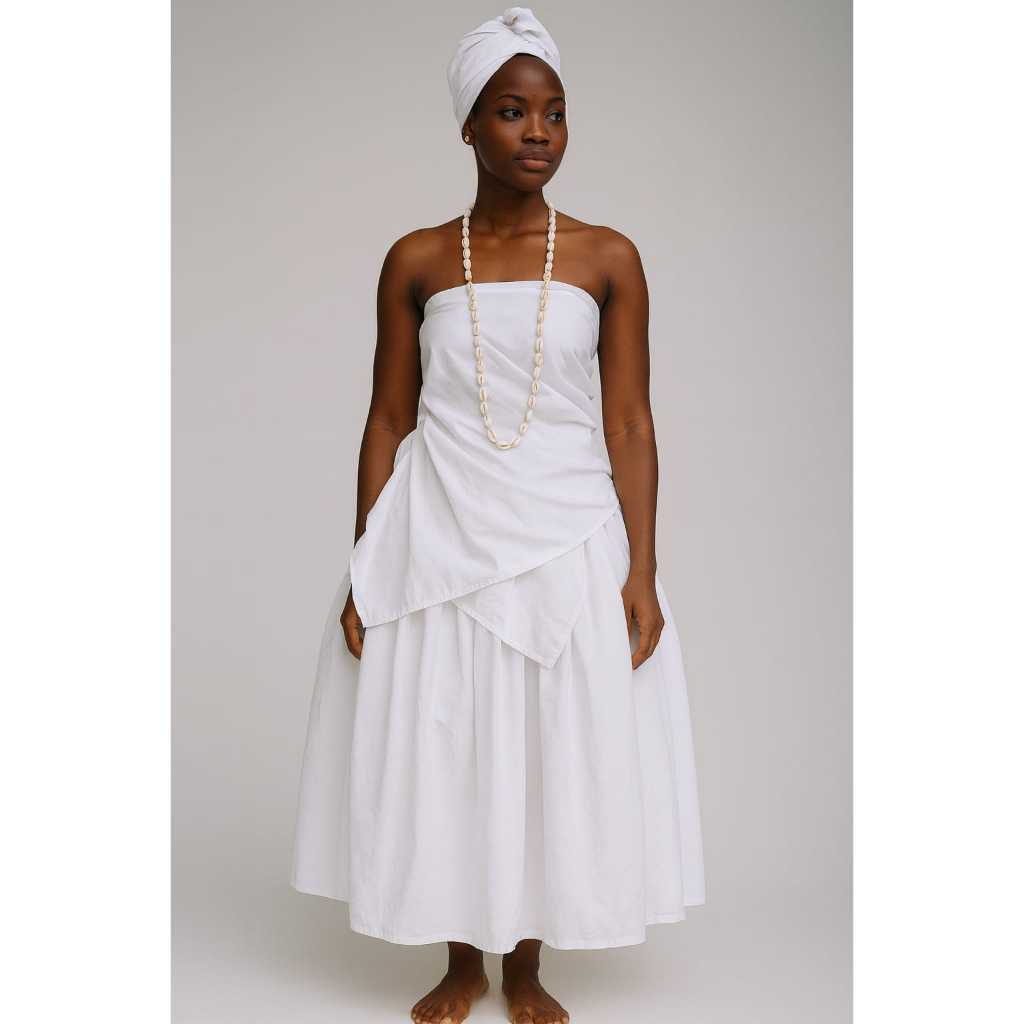Roupa Feminina Umbanda Candomblé Branca 3pçs Baiana (Saia + Pano Cabeça + Pano Costa)