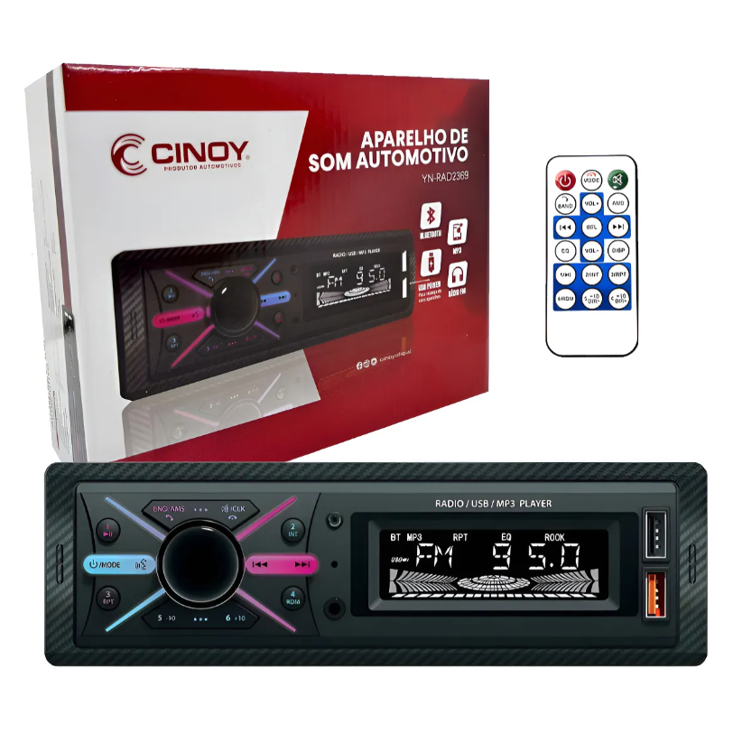 Auto Radio Cinoy Mp3 Fm 2 Usb Bluetooth 4x45w Display Lcd Com Controle E Leds Coloridos