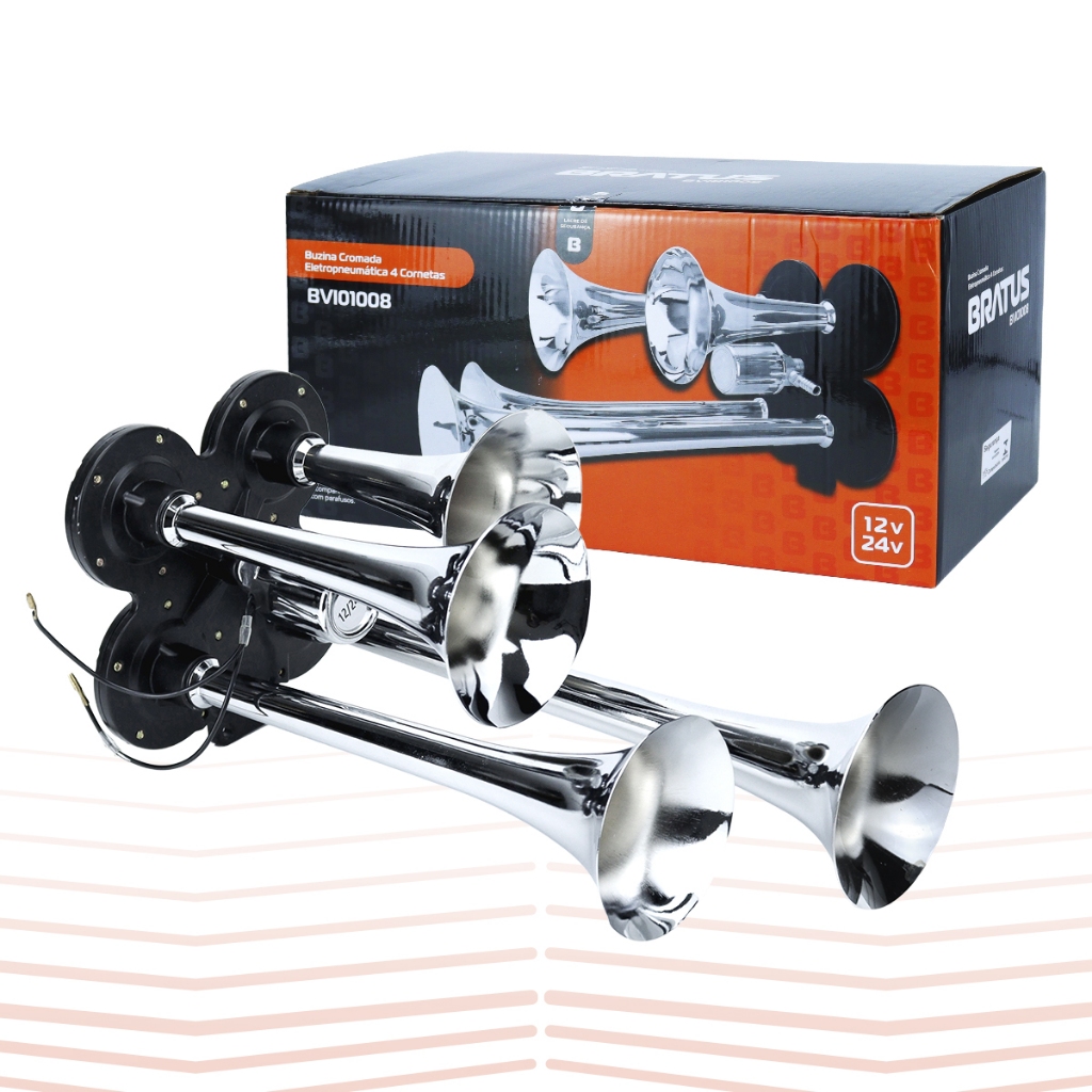 Buzina Ar 4 Cornetas 12v 24v Metal Cromada Marítima Caminhão Som Forte Potente Alto em Oferta na Shopee