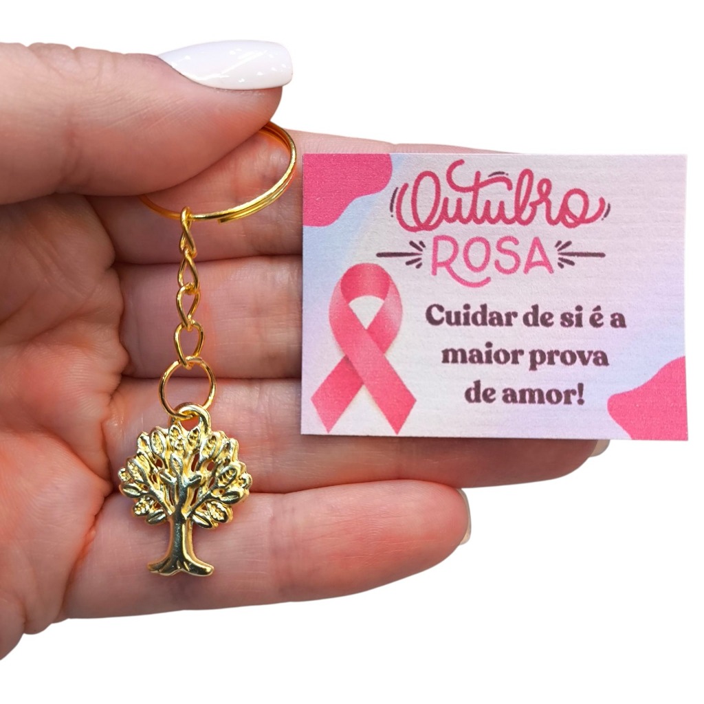50 Lembrancinhas Outubro Rosa - Árvore da Vida Dourada + Saquinhos para Embalar