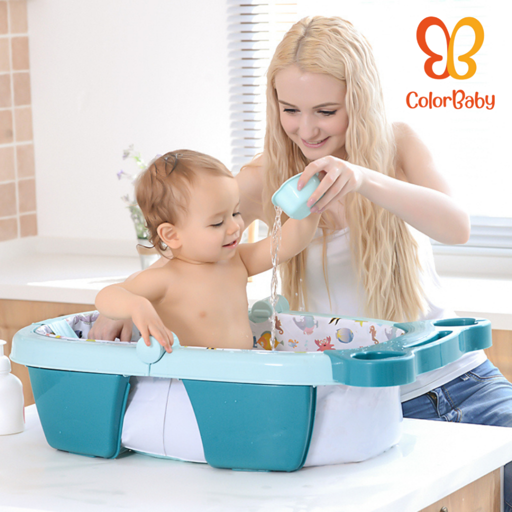 Banheira Dobrável e Inflável para Bebê | Compacta, com Assento Anatômico, Porta-Trecos e Copinho
