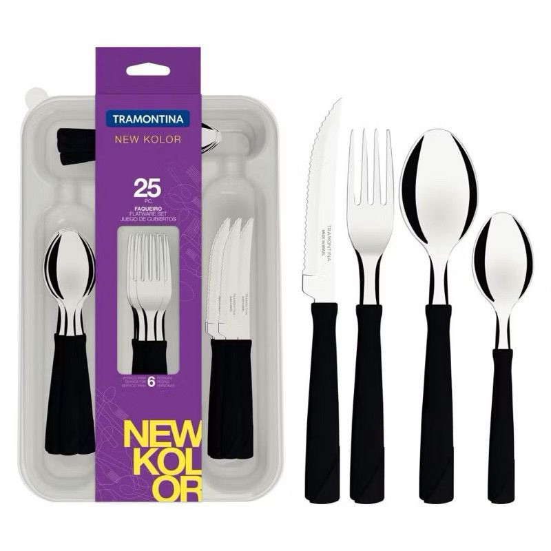 Faqueiro Tramontina New Kolor 25 Peças Preto e Vermelho com Gaveteiro – Churrasco, Mesa e Chá