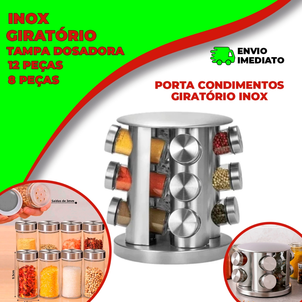 Porta Tempero Condimento Inox 12 Potes Frasco de Vidro Com Suporte Giratorio Decoração
