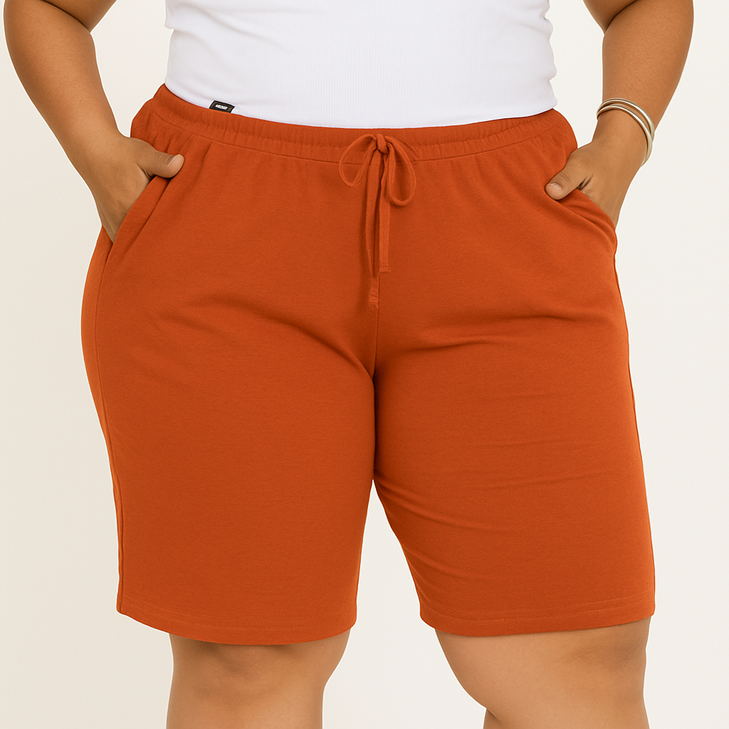 Bermuda Feminina Modelo Plus Size Cós Elástico Shorts Com Bolsos